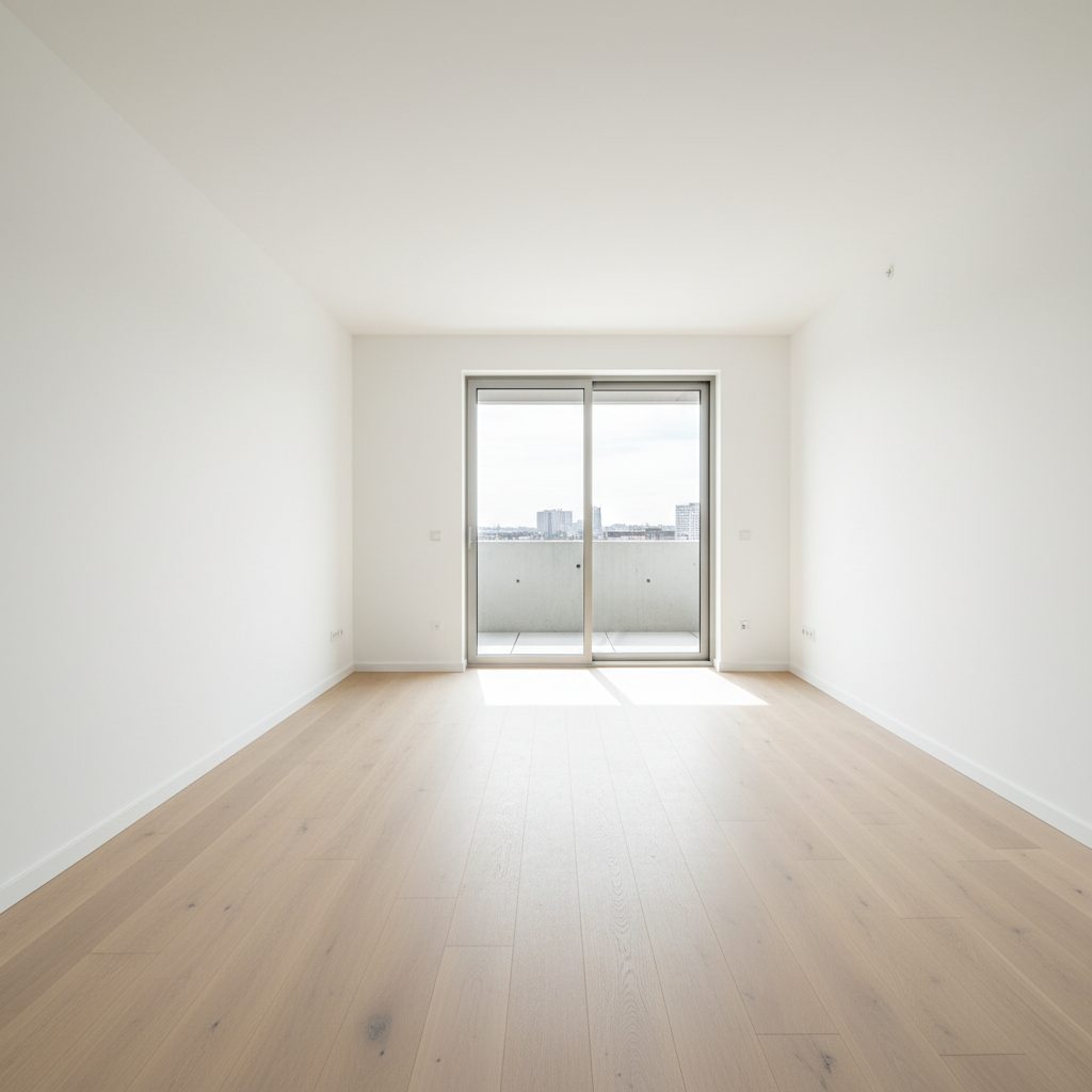 Sala vazia e iluminada de um apartamento antes da entrega